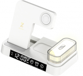 Incarcator wireless 3 in 1 telefon-smartwatch-casti multifunctional cu lampa nocturna reglabila RGB ceas si alarma digitale Alb