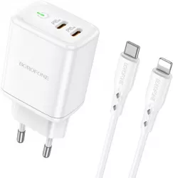 Incarcator Retea Borofone Iesire 2 X Usb - C Putere Incarcare 35W Quick Charge 3.0 Cablu Lightning Inclus Alb BN9 