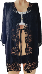 Cardigan negru pentru plaja din bumbac 100 cu maneca trei sferturi si detalii crosetate marime S/M 