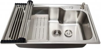 Set chiuveta bucatarie inox CookingAid Athena XL cu 3 accesorii Scurgator Vase + Gratar tip rulou + Dozator Sapun 730x450x230mm 