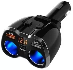 Multiplicator bricheta auto cu 2 iesiri 1x USB-A 2.4A 1x QC3.0 1x USB-C PD Negru 