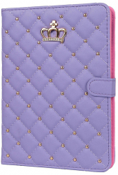 Husa de lux tip carte pentru iPad 2017 de 9.7 inch confectionata din piele ecologica mov cu un design incantator cu coroana stralucitoare 