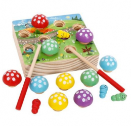 Jucarie interactiva si educativa - Tabla magnetica din lemn cu ciupercute si pescuit viermisori 