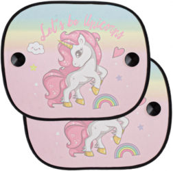 Setul de 2 parasolare auto cu imprimeu Unicorn fixare cu ventuze dimensiuni 44x36 cm in culori multiple 
