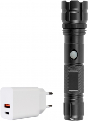 Pachet lanterna PNI Adventure F10 din aluminiu cu LED 6W 500lm pana la 200m focus cu acumulator si alimentator PNI CHG300 cu port USB C 