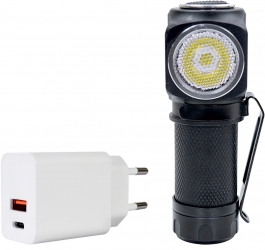Pachet lanterna frontala PNI Adventure F75 cu LED 6W 600 lm din aluminiu cu acumulator si alimentator PNI CHG300 cu port USB C QC3.0 PD3.0 