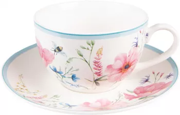 Set 4 cesti portelan alb roz Flowers 12x8x10 cm 15x2 cm 230 ml 