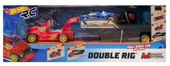 Camion Hot Wheels RC 2 in 1 - Masina de curse albastra si camion cu remorca 36 cm 