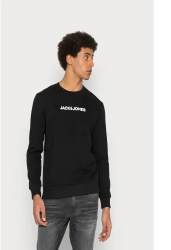Bluza vatuita cu decolteu la baza gatului si imprimeu Jack and Jones negru 2XL 