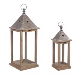 Set 2 felinare lemn metal maro Chalet 14x14x40 cm 20x20x54 cm 