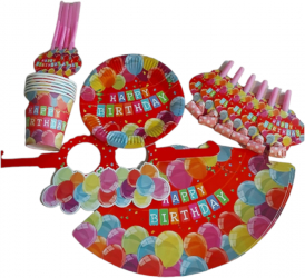 Set vesela carton petrecere copii 36 piese - pahare/paie/farfurii/coifuri/ochelari/trompete 