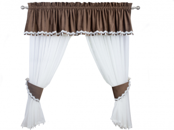 Perdea bucatarie bumbac alb cu volan din catifea culoare maro cu dantela alba 280x140 