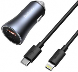 Incarcator auto Baseus Golden Contactor Pro IMK-TZCCJD-B0G 2 porturi USB si USB-C Quick Charge 4.0 D SCP 40W Gri inchis Cablu 