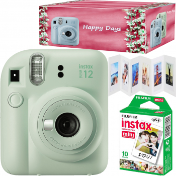 Set aparat foto instant Fujifilm Instax mini 12 Mint Green cu 10 filme rama acordeon si cutie Happy Days 