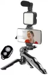 Kit Pentru Vloguri 4 in 1 SIKS Suport Telefon Lampa LED Microfon Si Trepied Telecomanda KD4920 Negru 