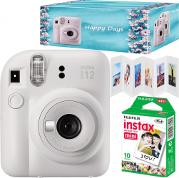 Set aparat foto instant Fujifilm Instax mini 12 Clay White cu 10 filme rama acordeon si cutie Happy Days 
