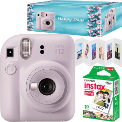 Set aparat foto instant Fujifilm Instax mini 12 Lilac Purple cu 10 filme rama acordeon si cutie Happy Days 
