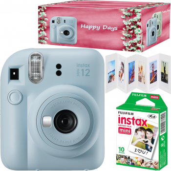 Set aparat foto instant Fujifilm Instax mini 12 Pastel Blue cu 10 filme rama acordeon si cutie Happy Days 