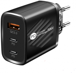 Incarcator Retea 3 Porturi 20W Fast Charge 1 x USB 2 x Type-C Compatibil Laptop iPhone Huawei Samsung Negru 