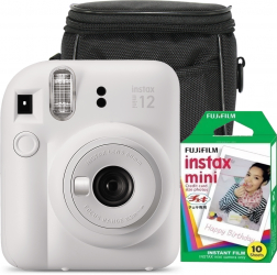 Camera foto instant Fujifilm Instax mini 12 Clay White cu 10 filme si husa 