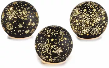 Set 3 sfere decorative sticla neagra aurie cu led 10x9 cm 