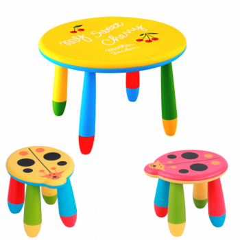 Set mobila copii masa rotunda SLANTE 70 cm culoare galbena cu 2 scaune Kalinca culoare galbena rosie 