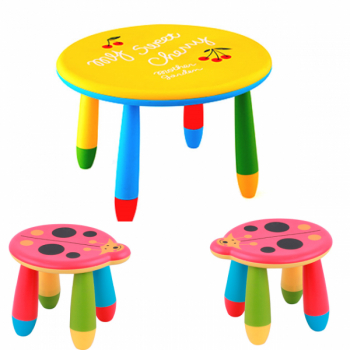 Set mobila copii masa rotunda SLANTE 70 cm culoare galbena cu 2 scaune Kalinca culoare rosie 