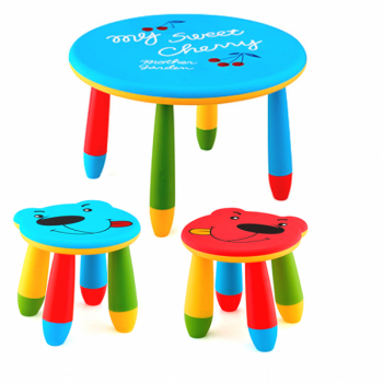 Set mobila copii masa rotunda SLANTE 70 cm culoare albastra cu 2 scaune URSULET albastru rosu 