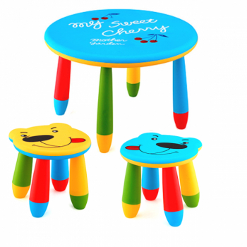 Set mobila copii masa rotunda SLANTE 70 cm culoare albastra cu 2 scaune URSULET galben albastru 