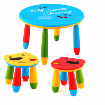 Set mobila copii masa rotunda SLANTE 70 cm culoare albastra cu 2 scaune URSULET galben rosu 