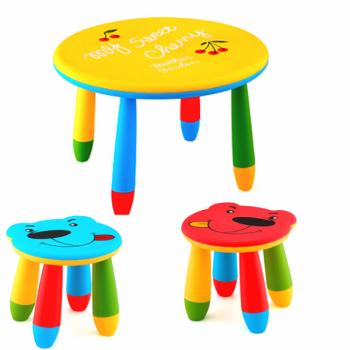 Set mobila copii masa rotunda SLANTE 70 cm culoare galbena cu 2 scaune URSULET albastru rosu 