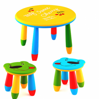 Set mobila copii masa rotunda SLANTE 70 cm culoare galbena cu 2 scaune URSULET verde albastru 