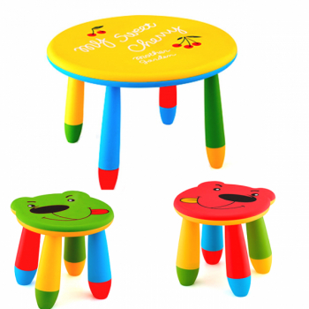Set mobila copii masa rotunda SLANTE 70 cm culoare galbena cu 2 scaune URSULET verde rosu 