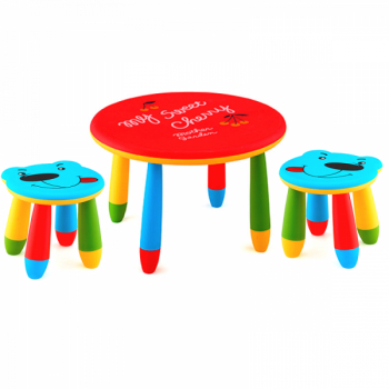 Set mobila copii masa rotunda SLANTE 70 cm culoare rosie cu 2 scaune URSULET albastru 