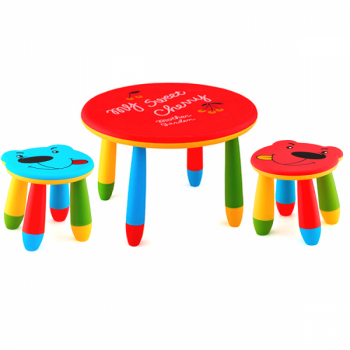 Set mobila copii masa rotunda SLANTE 70 cm culoare rosie cu 2 scaune URSULET albastru rosu 