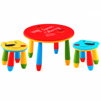 Set mobila copii masa rotunda SLANTE 70 cm culoare rosie cu 2 scaune URSULET galben albastru 