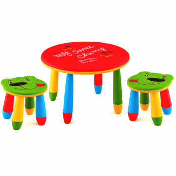 Set mobila copii masa rotunda SLANTE 70 cm culoare rosie cu 2 scaune URSULET verde 