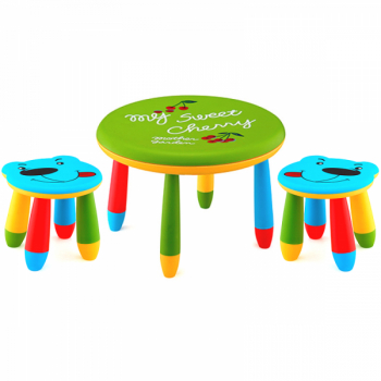 Set mobila copii masa rotunda SLANTE 70 cm culoare verde cu 2 scaune URSULET albastru 