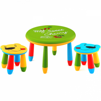 Set mobila copii masa rotunda SLANTE 70 cm culoare verde cu 2 scaune URSULET galben albastru 