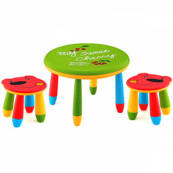 Set mobila copii masa rotunda SLANTE 70 cm culoare verde cu 2 scaune URSULET rosu