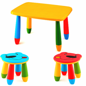 Set mobila copii masa MASHA dreptunghiulara 72 5x57cm culoare galbena cu 2 scaune URSULET albastru rosu 