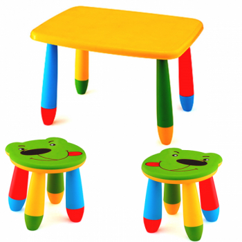 Set mobila copii masa MASHA dreptunghiulara 72 5x57cm culoare galbena cu 2 scaune URSULET verde 
