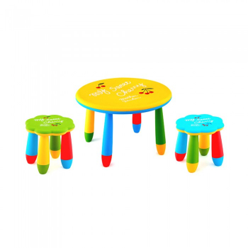 Set mobila copii masa rotunda SLANTE 70 cm culoare galbena cu 2 scaune FLOARE verde albastru 
