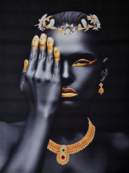 Tablou tip canvas cu lumini Led 85x64cm model African Girl negru si auriu