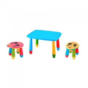 Set mobila copii masa MASHA dreptunghiulara 72 5x57cm culoare albastra cu 2 scaune Kalinca culoare galbena rosie 
