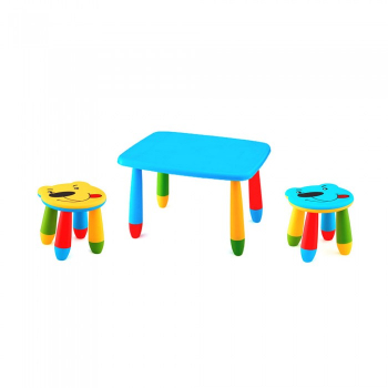 Set mobila copii masa MASHA dreptunghiulara 72 5x57cm culoare albastra cu 2 scaune URSULET galben albastru 
