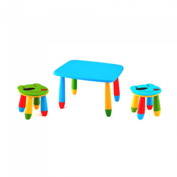 Set mobila copii masa MASHA dreptunghiulara 72 5x57cm culoare albastra cu 2 scaune URSULET verde albastru 
