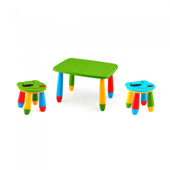 Set mobila copii masa MASHA dreptunghiulara 72 5x57cm culoare verde cu 2 scaune URSULET verde albastru 