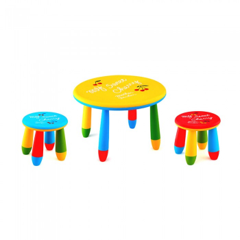 Set mobila copii masa rotunda SLANTE 70 cm culoare galbena cu 2 scaune GOGOASA albastru rosu 