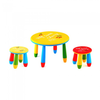 Set mobila copii masa rotunda SLANTE 70 cm culoare galbena cu 2 scaune GOGOASA galben rosu 